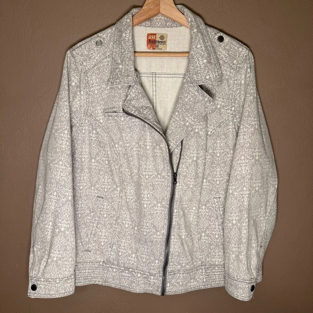 Ruff Hewn Gray & White Cotton Denim Moto Jacket Women's Plus Size 2X Streetwear - Picture 5 of 15